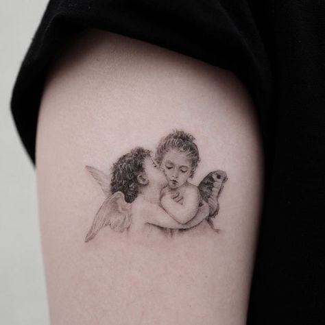 Fairy Tattoos, Cupid Tattoo, Kiss Tattoos, Heaven Tattoos, Cherub Tattoo, Supernatural Tattoo, Fairy Tattoo Designs, Fairy Tattoo, Discreet Tattoos