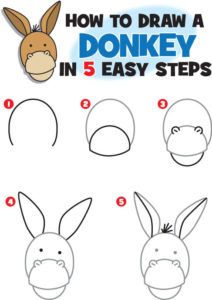 how-to-draw-a-donkey Donkey Face, Cartoon Donkey, Donkey Drawing, Easy Animal Drawings, Drawing Lessons For Kids, A Donkey, Easy Drawings For Kids, Easy Doodle Art, Easy Doodles Drawings