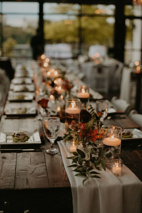 Fall Wedding Centerpieces For Long Table, Autumn Long Table Decor, Fall Garland Centerpiece, Rustic Rectangle Wedding Tables, Wooden Long Table Wedding, Rustic Wedding Table Setting Rectangle, Simple Centerpiece Wedding Fall, Mountain Wedding Tablescape, Wedding Centerpieces Ideas Long Tables