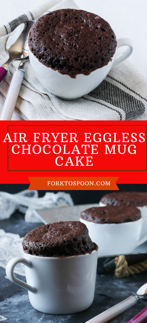 Chocolate mug cake eggless made in an airfryer #airfryer #desserts #dessertrecipes #easychocolaterecipes Airfryer Mug Cake Recipes, Airfryer Mug Cake, Mug Cake In Air Fryer, Airfry Dessert, Mug Cake Airfryer, Airfryer Desserts, Cake In Air Fryer, Mug Cake Eggless, Chocolate Chip Mug Cake