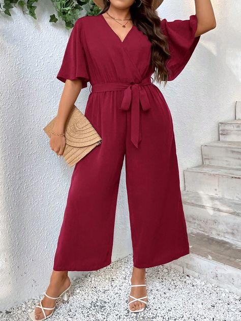 Burgundy Elegant Collar Half Sleeve Woven Fabric Plain Shirt Embellished Non-Stretch  Women Plus Clothing Plain Shirt, Butterfly Sleeve, Plain Shirts, Butterfly Sleeves, Wide Leg Jumpsuit, Half Sleeve, Plus Clothing, Half Sleeves, Woven Fabric