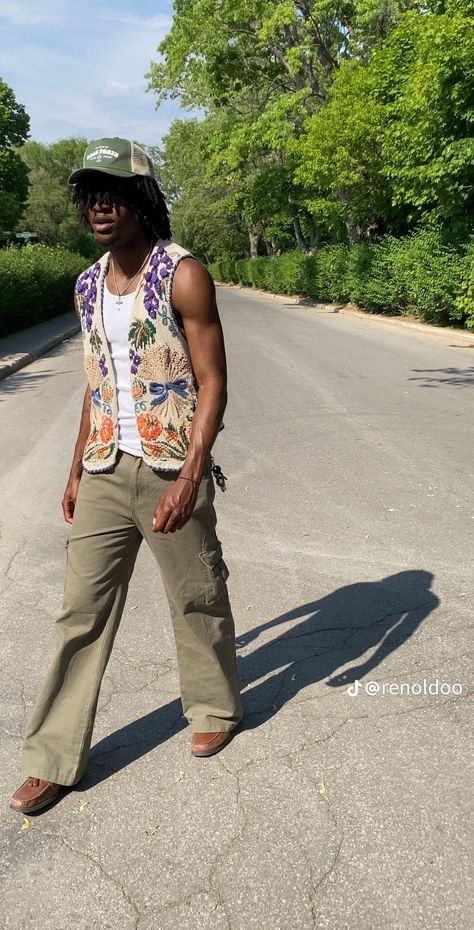 Summer Boho Outfits Men, Earthy Black Man Aesthetic Outfits, Men Coachella Outfits Festival Style, Earthy Fashion Men, Men Earthy Outfit, Spiritual Fashion Men, Earthy Summer Outfits Men, Neo Soul Outfits Men, Mens Earthy Outfits