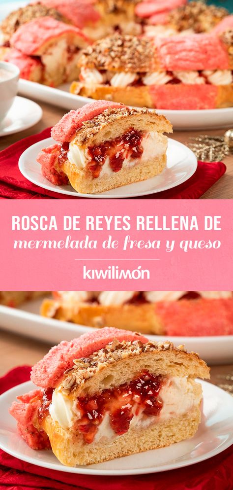 Prepárate para probar la rosca de reyes más deliciosa, con esta receta súper original, rellena de mermelada de fresa con queso crema. Esta receta de rosca es un pan tradicional mexicano que se come el 6 de enero, pero con un toque divertido y frutal. Además, Mermelada Smucker´s® de fresa le da un giro delicioso, pues ahora contiene más fruta. Haz esta rosca casera y disfruta del pan más rico de la temporada. Grilled Snacks, Mexican Sweet Breads, Low Carb Burger, Mexican Bread, Cheesecake Cake, Bread Roll, Wrap Sandwiches, Kiwi, Mexican Food Recipes