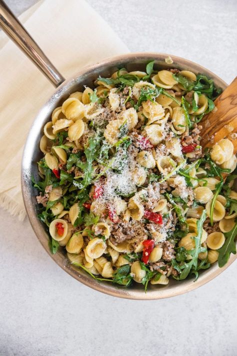 The BEST ITALIAN SAUSAGE PASTA with Red Peppers and Arugula Sausage And Arugula Pasta, Orecchiette With Sausage, Italian Sausage Recipes Pasta, Farro Salad Recipes, Baked Ziti With Sausage, Sausage Salad, Italian Main Dishes, Arugula Pasta, Broccoli Pasta Bake