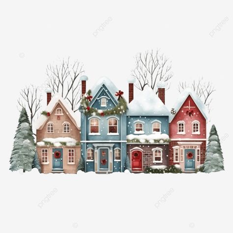 cute christmas decorated houses with dense snow and vintage colors xmas decoration house wintertim Christmas Houses Illustration, Christmas House Watercolor, Christmas House Painting, Christmas House Drawing, Christmas House Illustration, Houses In Snow, Buildings Painting, Snow Clipart, Snow House