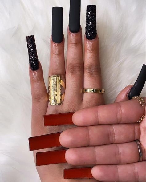 Long Black Red Bottom Nails, Red Bottomed Nails, Red Bottom Nail Ideas, Red Bottom Nails With Rhinestones, Red Bottom Nails Black, Red Bottom Nails Acrylic, Black Nails Red Bottoms, Black Red Bottom Nails, Red Bottoms Nails