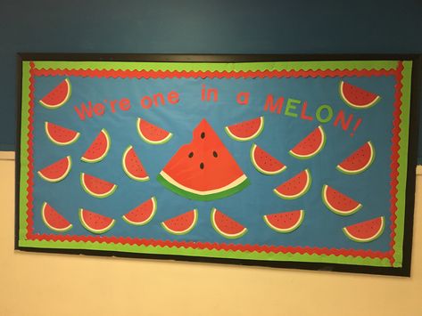 Watermelon bulletin board July Bulletin Board Ideas, Watermelon Bulletin Board, Daycare Bulletin Boards, Toddler Bulletin Boards, Teacher Door Decorations, Teacher Crafts, Watermelon Theme, Preschool Boards, Summer Bulletin Boards