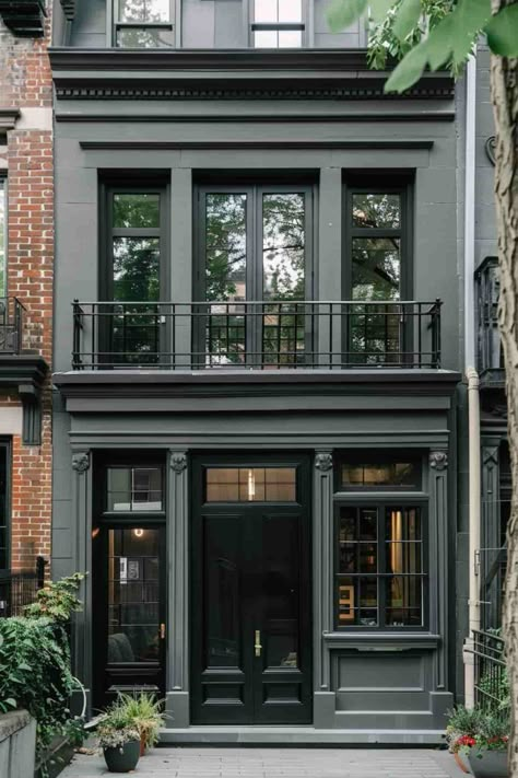 Office Exterior Design Architecture, Gray Houses With Black Trim, Normal House Design, Houses With Black Trim, House Black Trim, Gray Houses, Weird Houses, Brownstone Homes, Home Manifestation