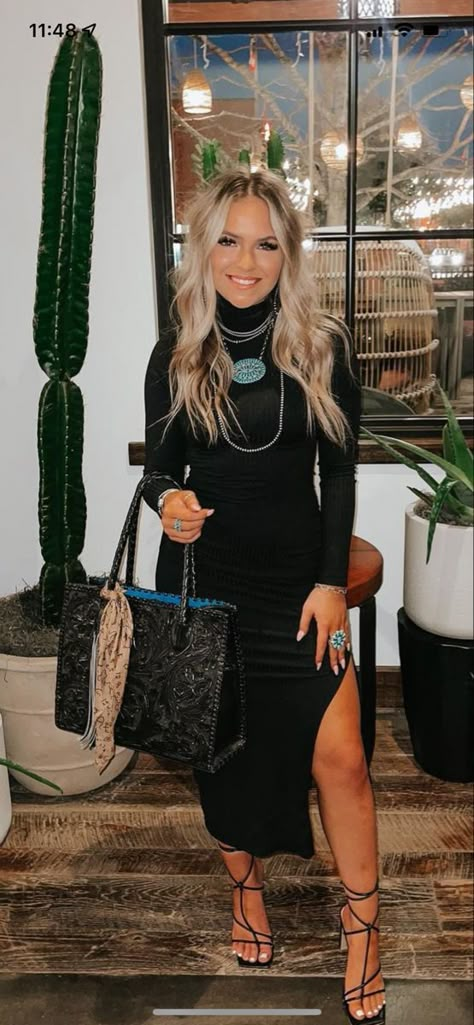 Dark Colored Outfits Women, December Wedding Guest Dress Western, Pencil Skirt Western Outfit, Dress And Cowboy Boots Outfit Fall, Black On Black Western Outfit, Western Going Out Outfit Summer, Pregnant Nfr Outfit, Western All Black Outfit, Vegas Nfr Outfit Ideas 2024