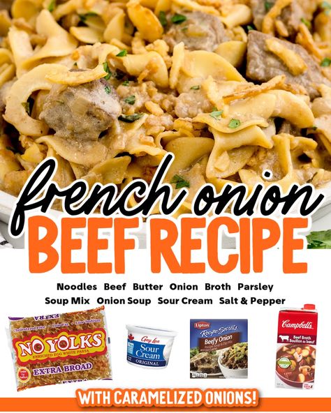 French Onion Soup Beef Tips, Beef Tips With French Onion Soup, French Onion Stroganoff, French Onion Noodles And Beef, Creamy French Onion Beef And Noodles, French Onion Beef Noodle Soup, Beef Onion Soup Mix Recipes, French Onion Beef And Noodles Crockpot, Beef Stroganoff Lipton Onion Soup