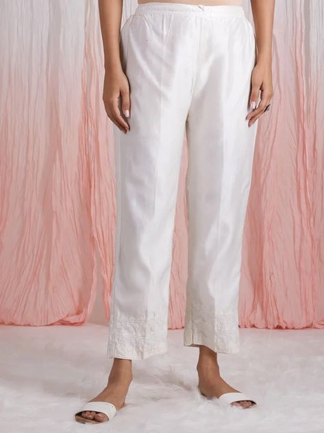 Buy Off White Chikankari Chanderi Cotton Pants | SEDE602/SEDE6 | The loom Cotton Pants, The Loom, Fashion Pants, Loom, Capri Pants, Off White, Pants, White, Trousers