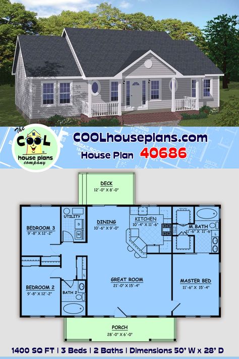 This small ranch home plan is one of our most popular house plans in the 1300 to 1500 sq ft range. A best selling floor plan offering a split bedroom layout with central wrap kitchen.  A small home with an affordable building design make this a great starter home.  The 3 bedroom and 2 bath layout is perfect for a young family. This plan does not include a garage plan but we have a large collection of detached garages to add to your project.  Affordable home building plans at COOL House Plans. House Plans 1400 Sq Ft, 1400 Sq Ft Floor Plans, Floor Plans 1400 Sq Ft, Simple 2 Bed 2 Bath Floor Plan, House Design Layout Floor Plans, 2022 House Plans, 3 Bed 2 Bath Floor Plans 1500 Sq Ft Ranch, 3 Bedroom Split Ranch Floor Plans, House Plans For 1500 Sq Ft