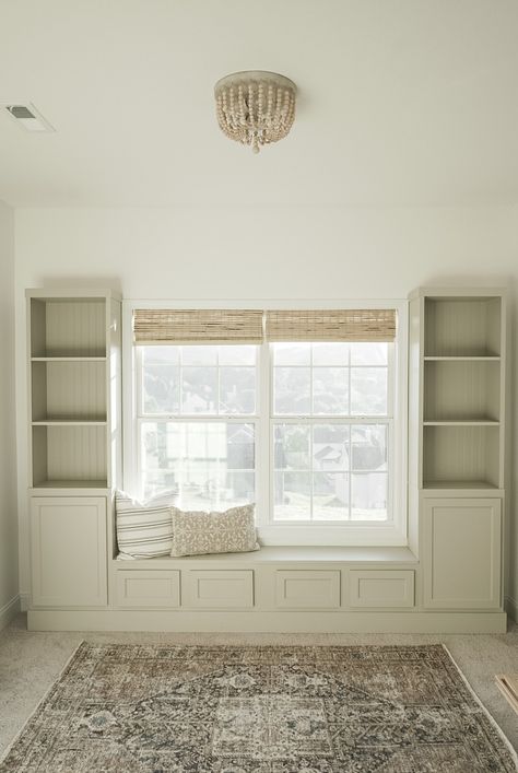 DIY Built-Ins and Window Seat - Love Letters Built In Bench Playroom, Formal Living Room Playroom, Mudroom Playroom Combo, Playroom With Daybed, Classic Playroom, Playroom Guest Room Combo Ideas, Sunroom Playroom Ideas, Playroom Built Ins, Sophisticated Playroom