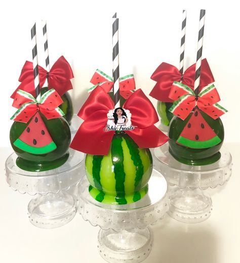 One in a Melon Candy Apples Watermelon Candy Apples, Watermelon Theme Dessert Table, Cocomelon Candy Apples, Cocomelon Candy Table, Cocomelon Chocolate Covered Oreos, One In A Melon Candy Table, One In A Melon Treats, One In A Melon First Birthday Treats, One In A Melon Party Favors