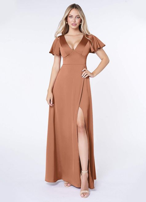 What do you think of the Azazie Lani, come check them out! https://m.azazie.ca/products/azazie-lani-bronzer-a-line-flounce-sleeve-stretch-satin-floor-length-bridesmaid-dress/202215 Light Brown Bridesmaid Dresses, Satin Dress Bridesmaid, Satin Bridesmaids Gowns, Fall Bridesmaid, Brown Bridesmaid Dresses, Rust Bridesmaid Dress, Dj Wedding, Maternity Bridesmaid Dresses, Stretch Satin Dress