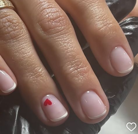 Short Natural Nails Gel Polish, Basic Valentines Day Nails Short, Updated French Manicure, French Manicure With Hearts, Short Gel Nail Designs Natural Simple, Small Heart Nails, Valentines French Manicure, French Tip With Heart Design, French Manicure With Heart