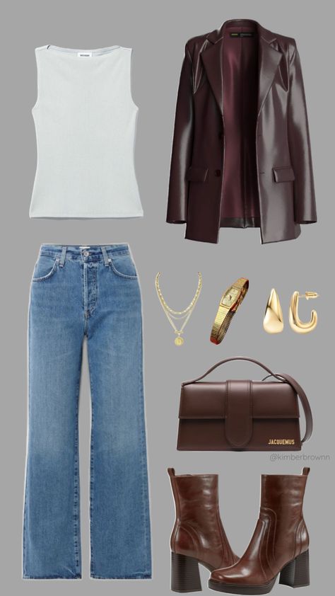 Fall inspiration outfit #fall #outfit #outfitcollage #brownaesthetic #classy #fallaesthetic #falloutfit #jeans #redbrown #autumnaesthetic #casualoutfit #collage #inspiration Chic Work Outfit, Collage Inspiration, Outfit Collage, Fall Inspiration, Capsule Outfits, Outfit Fall, Closet Fashion, Blazer Outfits, Autumn Outfit