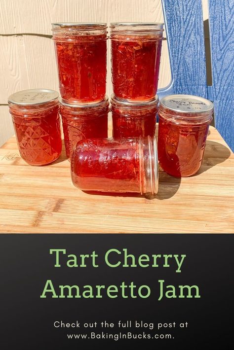 Tart Cherries are paired with the sweetness of Amaretto and made into a tangy-sweet Jam.    Cherry Jam Amaretto Jam Canning season Tart Cherries Recipes, Cherry Amaretto, Sour Cherry Jam, Jam Canning, Cherry Jam Recipes, Can Jam, Cherry Preserves, Tart Cherries, Jam Tarts