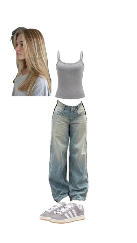 Cute fit Tank Top And Baggy Jeans Outfit, Blond Hair Outfit, Adidas Campus Grey, Baggy Jeans Outfit, Adidas Campus, Cute Fit, Grey Tank Top, Gray Tank, Jean Top