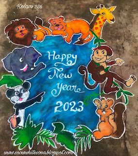 sangeetha senthil: New year rangoli Cartoon Rangoli For New Year, New Year Rangoli Latest, New Year Rangoli Design Cartoon, Cartoon Rangoli Designs Easy, Rangoli Cartoon, Rangoli Design For New Year, Christmas Kolam, Big Rangoli Designs Creativity, Cartoon Rangoli