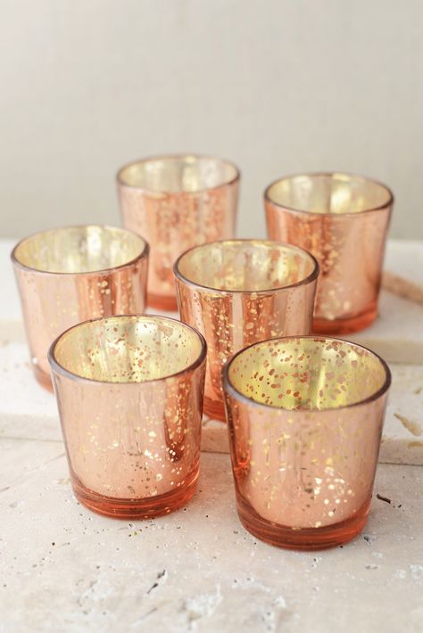 6 Rose Gold Mercury Glass Candle Holders Gold Mercury Glass Candle Holders, Rose Gold Centerpiece, Gold Votives, Mercury Glass Candle Holders, Mercury Glass Votives, Gold Centerpieces, Gold Wedding Theme, Rose Gold Party, Candle Holders Wedding