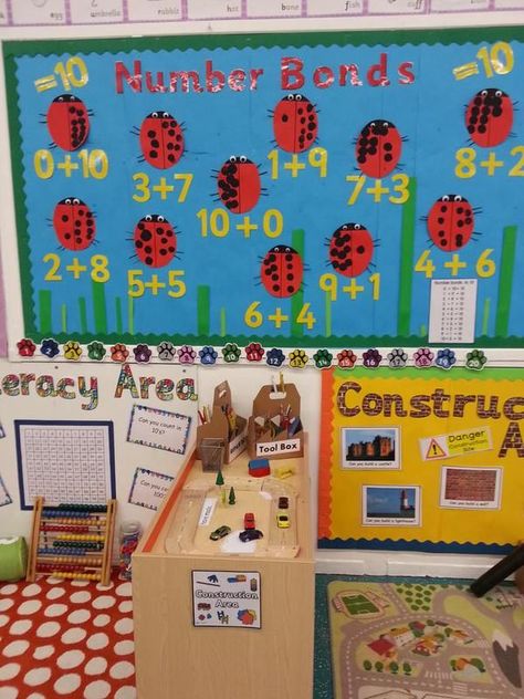 Number Bonds to 10 Display- Ladybirds made by the children. Number Bonds Display Classroom, Number Bonds To 10 Display, Numeracy Display Early Years, Number Bonds To 10 Eyfs, Number Display Preschool, Maths Display Year 1, Year 1 Displays, Maths Display Eyfs, Year 1 Classroom Displays