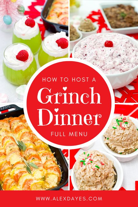 Calling all Grinch lovers! This festive, holiday meal is for you! How the Grinch Stole Christmas is a must-watch, classic Christmas movie! I love watching every single year. This year, I decided to create my very own Grinch Dinner! This Grinch Dinner features all the recipes inspired by Dr Suess himself, Roast Beast, Who Pudding, Who Hash, and more! Make it with me! Grinch Christmas Meal, Grinch Dinner Party Food Ideas, Who Pudding Recipe Grinch, Grinch Meal Ideas, Grinch Dinner Ideas, Grinch Christmas Dinner, Grinch Food Ideas Dinner, Who Pudding, Grinch Dinner