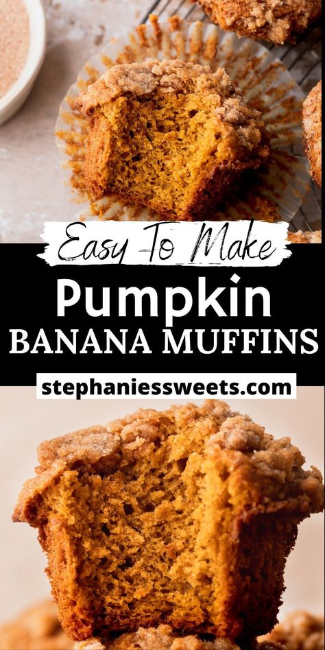 These pumpkin banana muffins combine pumpkin puree and overripe bananas. They are super soft muffins with a pumpkin spice streusel to add a crunch to the top. Easy Pumpkin Dessert Recipes, Banana Pumpkin Muffins, Halloween Dessert Recipes, Pumpkin Banana Muffins, Sweet Breakfast Recipes, Pumpkin Dessert Recipes, Easy Pumpkin Dessert, Autumn Treats, Banana Muffins Easy