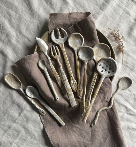 ceramic spoon set pottery rustic fork & knife ceramic handmade pottery stoneware Japanese spoons gift for her kitchen pottery cutlery set Clay Cutlery, Kitchen Pottery, Pottery Spoon, Ceramic Cutlery, Pottery Stoneware, Spoon Gifts, Rustic Pottery, Clay Stuff, Rustic Ceramics