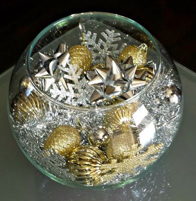 DIY: Silver & Gold Christmas Fish Bowl Centerpiece (On a Budget) - Crafty Morning Fish Bowl Centerpiece, Cone Centerpiece, Fish Bowl Decorations, Fishbowl Centerpiece, Christmas Fish, Christmas Centerpieces Cheap, Silver Gold Christmas, Christmas Background Images, Bowl Centerpiece