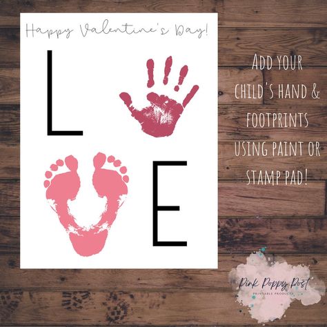 "Handprint Footprint Art, Easy DIY Craft for Kids, Valentine's Day from Child, Baby's First Valentine's Day, Personalized Gift for Parent/Grandparent, Keepsake Printable from Baby, Keepsake Printable from Kid, Valentine's Day Artwork This is a fun personalized gift for Valentine's Day! Simply, download, print, and have your child use their handprint to complete the keepsake. Complete one every year to see how the hand size changes. Use paint and simply brush onto your child's hand, or a washable stamp pad, to help your child add their handprint to the centre of the page. Please send me a message me if you have any questions. WHAT YOU WILL RECEIVE: - LOVE Printable   - Blank version, no hand or footprint - Print size 8.5\" x 11\" - Format PDF - Print at home or at your local printing shop - Hand And Foot Print Art Valentines, Valentine Keepsake Craft Kids, Valentine Infant Art, February Crafts For Infants, Valentine’s Day Footprint Art, Baby Valentines Crafts, Keepsake Printable, Diy Craft For Kids, Infant Daycare