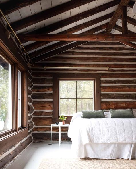 Log Cabin Bedrooms, Log Cabin Bedroom, Jean Stoffer Design, Modern Cabin Interior, Log Home Interior, Jean Stoffer, Modern Log Cabin, Log Cabin Interior, Log Home Interiors