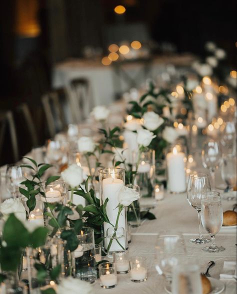 Candles Wedding Round Table, Twilight Wedding Bouquet, Black White And Greenery Wedding Wedding Table Decor, Candles And Bud Vases Long Table, White Reception Table, Rectangle Wedding Tables, Wedding Table Decorations Candles, Round Wedding Tables, Wedding Candles Table