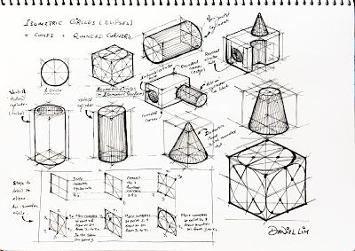 Elipse (Isometric Circles), Cones, Application of Circles and Arcs on Isometric Surfaces and Edges Isometric Sketch, Isometric Drawing Exercises, 3d Drawing Techniques, Isometric Shapes, Orthographic Drawing, Drawing Basics, Isometric Drawing, Perspective Drawing Lessons, Isometric Art