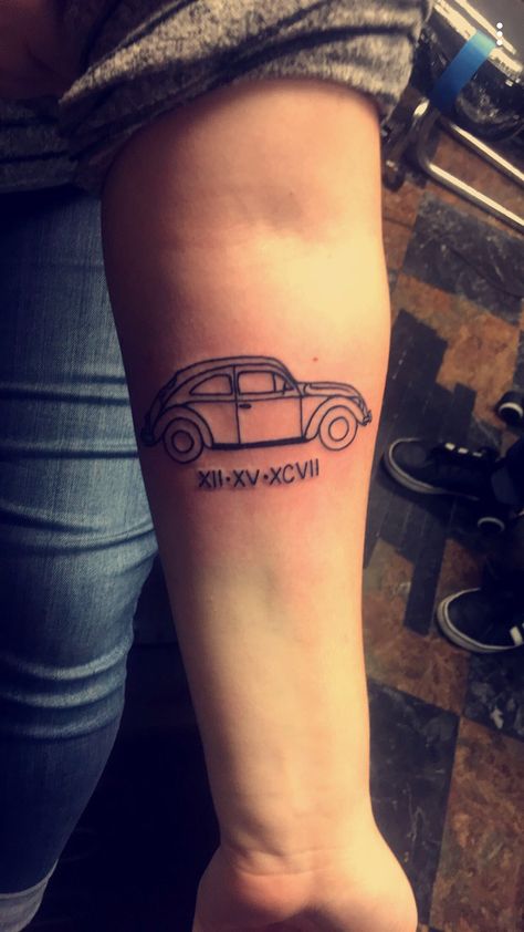 #VW #vwbug #tattoo #romannumerals #bug #volkswagen #slugbug #bugtattoo #vwtattoo Slug Bug Tattoo, Volkswagen Beetle Tattoo, Volkswagen Tattoo, Vw Tattoo, Bug Volkswagen, Beetle Tattoo, Tattoo On Leg, Tattoo Black And White, Bug Tattoo