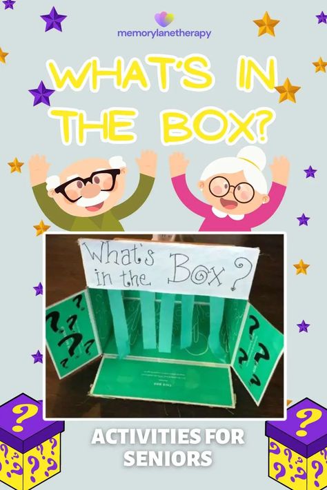 Dive into mystery and excitement with 'What's in the Box?' 📦✨ A thrilling game activity designed for seniors to stimulate their senses and spark curiosity. Explore now for a delightful surprise! #SeniorsActivities #MysteryGame #FunWithSeniors Restorative Nursing Activities, Journey Stations Memory Care, April Activity Ideas For Seniors, Senior Living Games, Happy Hour For Seniors, Montessori Activities Seniors, Physical Activity Games For Seniors, Activity Assistant Nursing Homes, Activities For The Elderly Nursing Homes