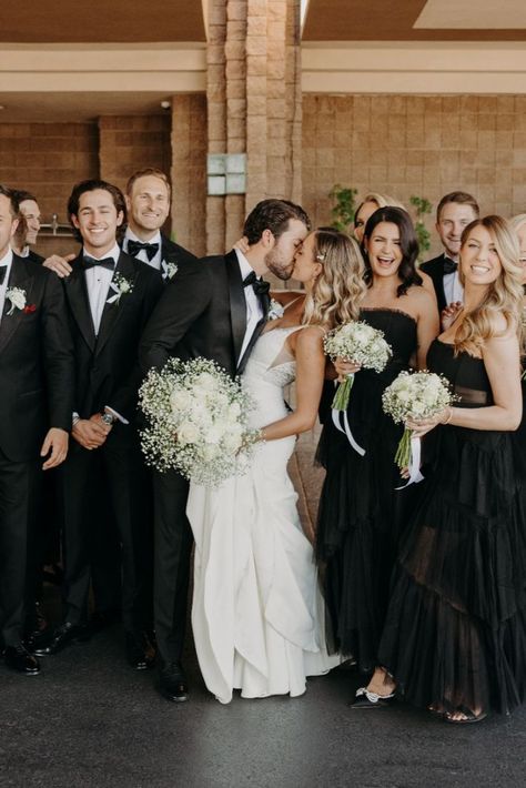 Take a peek at this beautiful white and green black tie wedding. The bride asked us for elegant, classic wedding with lots of baby's breath. We took her white, green, and black color scheme and gave her the dreamiest wedding!!! Love this. Green Black And White Wedding Bridesmaid Dresses, White Green Tan Bouquet, Luxe Black And White Wedding, Black Tie Wedding Flowers Bridesmaid Bouquets, Blake And White Wedding, Black Tie Theme Wedding, Spring Black And White Wedding, Romantic Black Tie Wedding, Black And White Wedding Pop Of Color