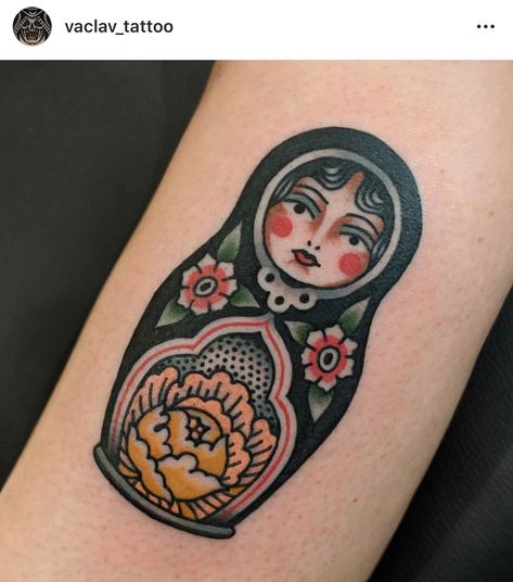 Matryoshka Tattoo Traditional, American Traditional Nesting Doll Tattoo, American Traditional Russian Doll Tattoo, Traditional Nesting Doll Tattoo, Russian Stacking Doll Tattoo, Russian Doll Tattoo Traditional, Russian Nesting Doll Tattoo, Traditional Tattoo Neck, Babushka Tattoo