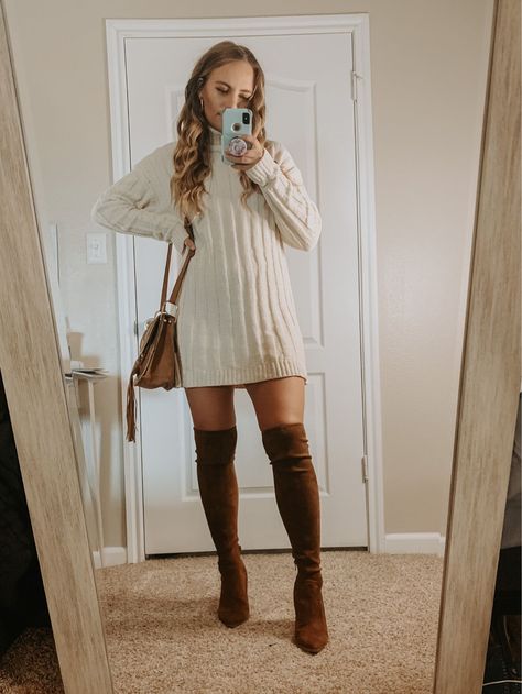 Sweater Dress With High Boots, Fall Dress With Tights And Boots, Fall Dress With Knee High Boots, Turtle Neck Dress With Boots, Taupe Boots Outfit Knee Highs, Outfits With Brown Knee High Boots, Thigh High Brown Boots Outfit, Brown Boots With Dress, Brown Autumn Outfit