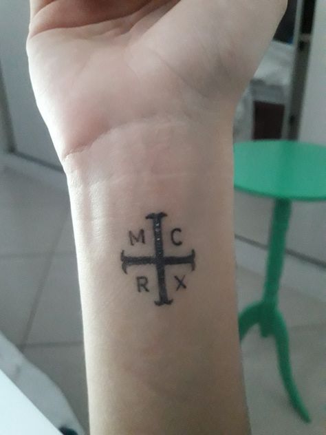 Small Band Tattoo, Easy Emo Tattoos, Mikey Way Tattoo, Tattoo Ideas Punk, Mcr Tattoo Three Cheers, Gerard Way Tattoo Ideas, Black Parade Tattoo, Helena Tattoo My Chemical Romance, Simple Mcr Tattoo