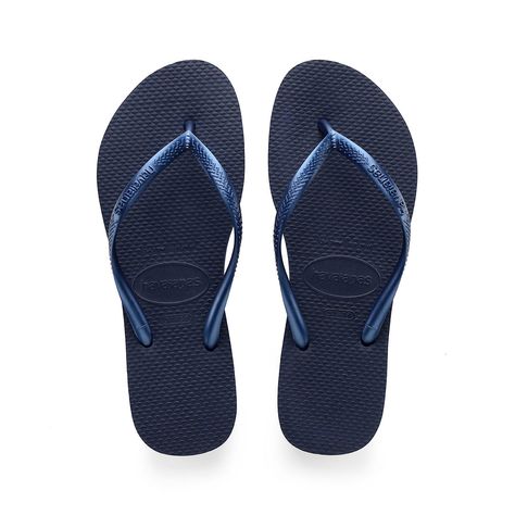 Women's Navy Blue Flip Flops | Havaianas Comfortable Flip Flops, Blue Flip Flops, Rubber Flip Flops, Havaianas Flip Flops, Navy Fashion, Navy Women, Metallic Logo, Flip Flop, Flip Flop Sandals