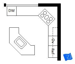 Open plan L shaped kitchen layout with angled island. | L Shaped ... Kitchen Appliances Layout, Kitchen Island Layout, Corner Stove, Island With Stove, Kitchen Island With Stove, Kitchen Layouts With Island, Kitchen Planning, Kitchen Island With Sink, Work Triangle