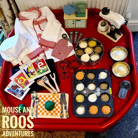 Sensory, learning through play, tray play, role play Role Play Tuff Tray, Cooking Tuff Tray Ideas, Baking Eyfs Activities, Sensory Tray, Sensory Learning, Chef Party, Baker Shop, Eyfs Activities, Baby Learning Activities