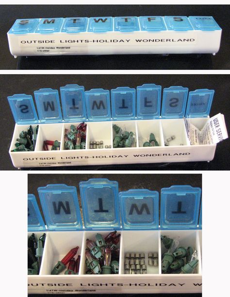 Great idea by my husband - use a pill organizing box to sort and store extra Christmas light bulbs, fuses, brand information & paperwork. By keeping it all in one place, he can easily find the parts he needs to fix the lights! Storing Light Bulbs, Light Bulb Organization, Christmas Lights Storage, Organized Christmas Decorations, Christmas Light Storage, Seaside Christmas, Spring Organization, Attic Organization, Christmas Decoration Storage