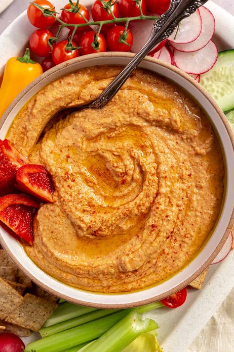 Roasted Red Pepper Hummus Healthy Hummus, Pepper Hummus, Roasted Red Pepper Hummus, Red Pepper Hummus, Bell Pepper Recipes, Roasted Red Pepper, Easy Snack Recipes, Hummus Recipe, Had Enough