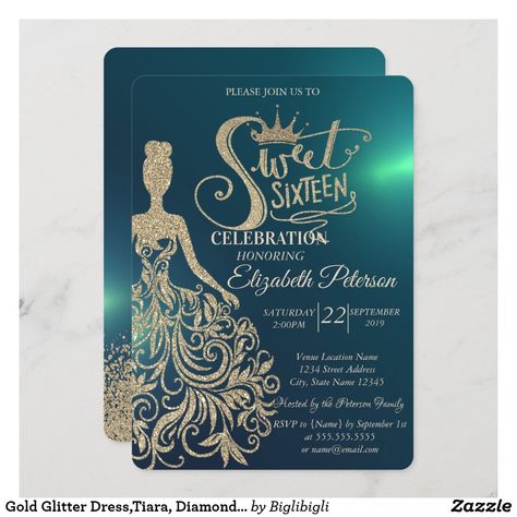 Princess Dress Gold, Green Sweet 16, Princess Tiana Birthday Party, Tiana Birthday Party, Princess Sweet 16, Gold Glitter Dress, Blue Sweet 16, Sweet 16 Party Invitations, Sweet 16 Themes