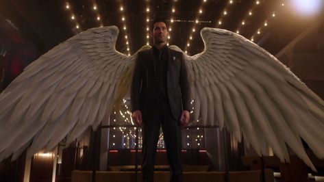 Great photo of Tom Ellis in the Lucifer season 3 finale wings and all. Lucifer now on Netflix.  Photo from a twitter post Maze Lucifer, Lucifer Wings, Tom Ellis Lucifer, Lauren German, Lucifer Morningstar, Tom Ellis, Dc Comics Characters, Actor Picture, Heaven And Hell