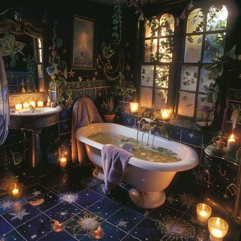 Fantasy Bathroom, Gothic Bathroom Ideas, Witchy Bathroom, Gothic Victorian House, Evil Mermaids, Dnd Wizard, Boho Decor Ideas, Gothic Bathroom, Bath Aesthetic