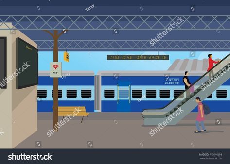 Illustration of Railway stationIllustration#Railway#station Railway Station Illustration, Side View Drawing, Train Illustration, Train Platform, School Cartoon, Scene Drawing, Infographic Design Inspiration, Train Photography, Cartoon Images