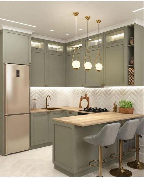 Grey Kitchen Floor, Kitchen Ideas Dark Cabinets, Kitchen Ideas Dark, Green Kitchen Cabinets, Kitchen Design Plans, Modern Kitchen Cabinets, Dark Cabinets, Kitchen Design Decor, Kitchen Room Design